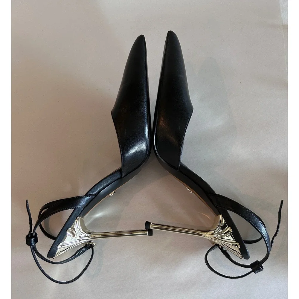 Sam Edelman Womens Black Leather Pointed Toe Slingback Gold Stiletto Heels 9.5